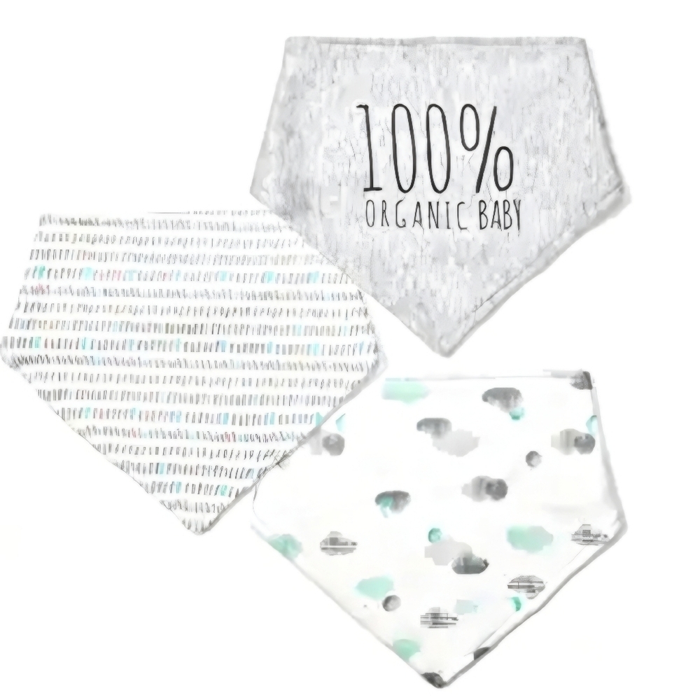 Rabbit & Bear ✦ Organic Baby Bib Set ✦ 3‑Pack Bandana Style Green Grey White NWT